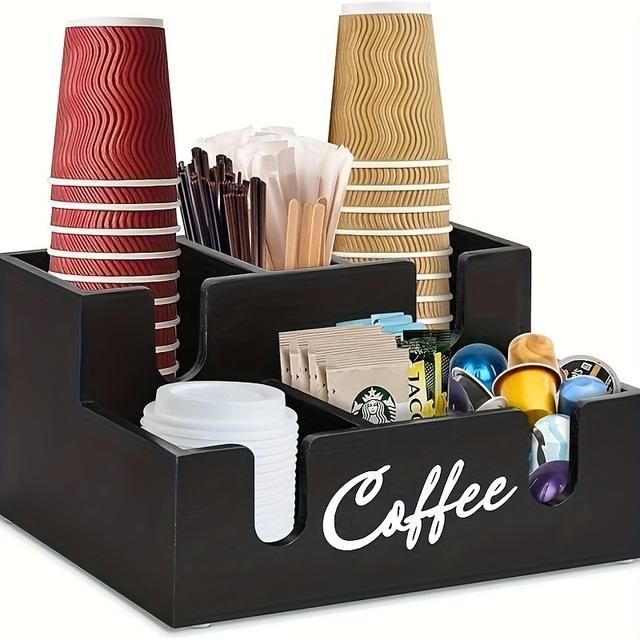 TEMU Wooden Organizer For Coffee Cup Lids, Featuring 6 Compartments For Sleeves, Pods, And Condiments, Designed For Countertop Use In Coffee Bars, Shelf Baskets