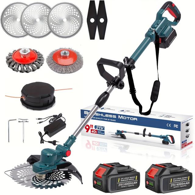 TEMU Desbrozadora a batería con cepillo para malezas, dos baterías de 4.0Ah, motor sin escobillas de 21V, cortacésped eléctrico, tipos de cuchillas y una anchura de corte de 23Cm