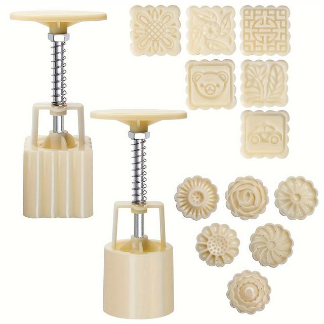 TEMU 2 Set, Flower Stamps And 6 Square Pattern Stamps Moon Cake Mold, Including 2 Mold, Diy Hand Press Cookie Stamps, Mid Autumn Festival Pastry Mold, Moon Cake Maker, Baking Tools, Kitchen Gadgets