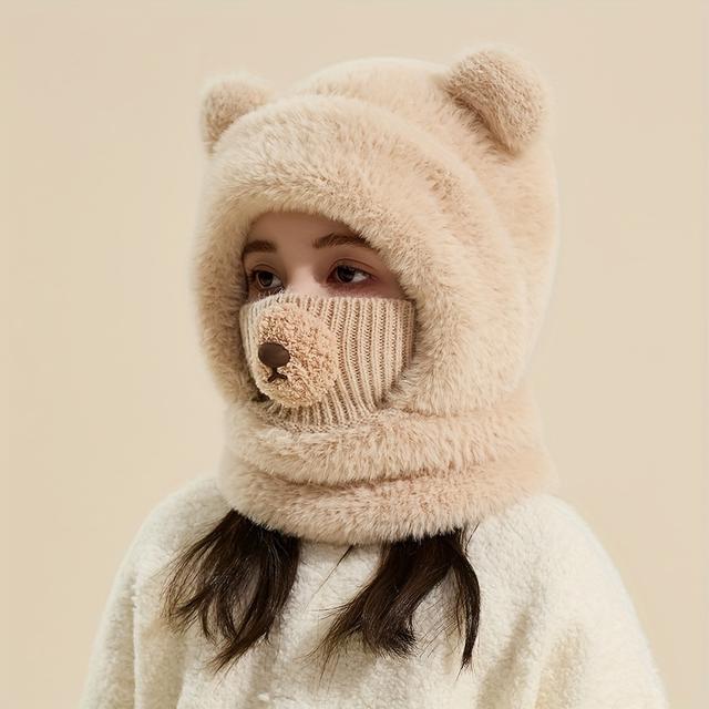 TEMU Czapka zimowa z ochroną uszu, z pogrubionym ocieplaczem na szyję i uroczym noskiem misia, idealna dla chłopców i dziewcząt. Ta balaclava jest doskonała do noszenia na co dzień i na rowerze.