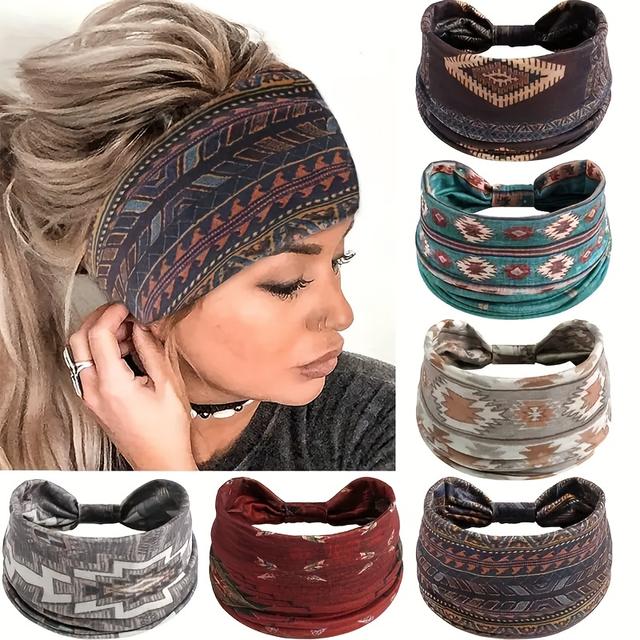 TEMU 6pcs Bohemian Style Printed Wide Face Women's Fashionable Headband, Sports Yoga, Outdoor Sweat Absorbing Elastic Hair Accessories, Dress Up Women's Holiday Gifts