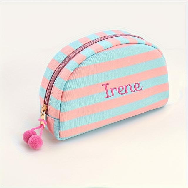 TEMU 1pc Personalized Custom Embroidered Striped Makeup Bag With Zipper & Pom-pom, Colorful Travel Toiletry Organizer For Girls, Ideal For Weddings, Cute Gift For Bridesmaids, Birthdays