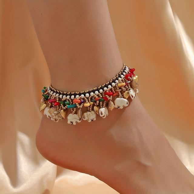 TEMU A Bohemian-style Turquoise Wax Line Woven Anklet Featuring Elephants And Starfish, Perfect For Women To Wear On A Or During Holidays, Suitable For Vacations