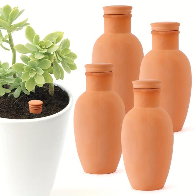 TEMU 4pcs/8pcs Plant Watering Globes Clay Watering Pot With Lid Terra Cotta Clay Irrigation Globes Terracotta Watering Easy Irrigation Peripheral Water System Self Watering System