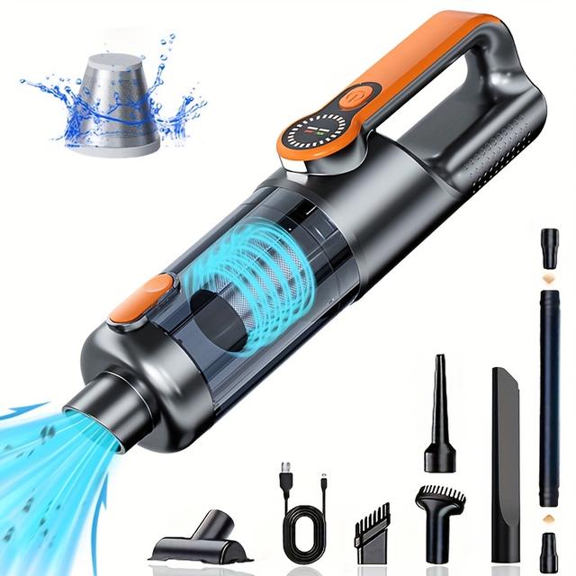 TEMU مكنسة كهربائية لاسلكية محمولة باليد بقوة شفط عالية، قابلة لإعادة الشحن عبر USB، تتميز بوظيفة إلقاء الغبار بزر واحد، تأتي مع ملحقات متنوعة، مناسبة للسيارات والمنازل والمكاتب.
