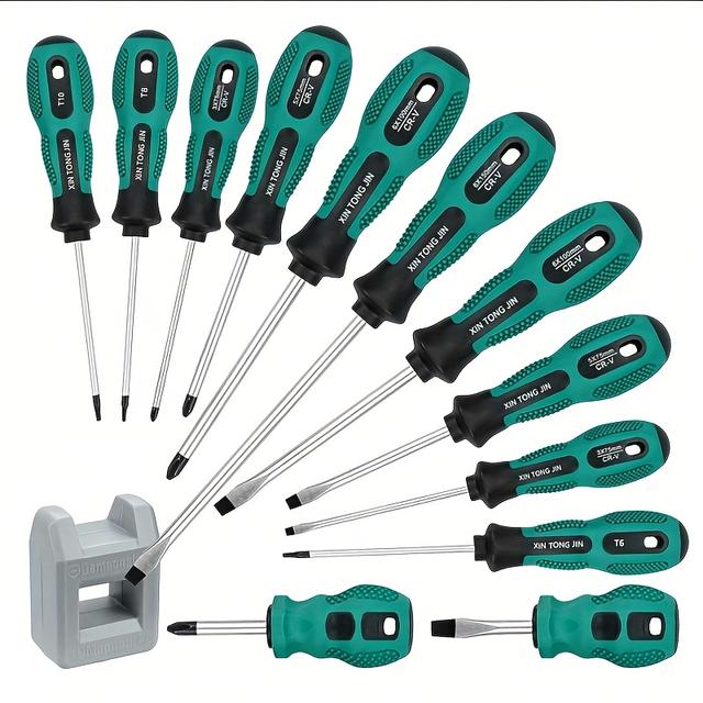 TEMU Household Regular Screwdriver Set With Magnetic Tips, Including Phillips, Flat, Short Handle, Star, And Flower-shaped Screwdrivers With Non-slip Handles