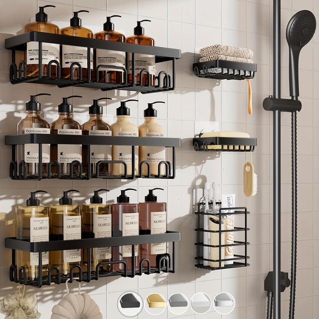 TEMU Set Of 6 Shower Organizers, Black Shelves For The Bathroom, Stainless Steel Wall-mounted Baskets With Adhesive For Inside The Shower, Shower Caddies