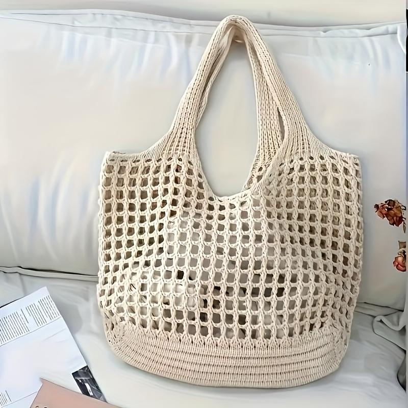 TEMU Women's Crochet Tote Bag Large Capacity Hollow Knitted Shopping Bag Fixed Shoulder Strap Unlined Blue Khaki 4 Colors Use