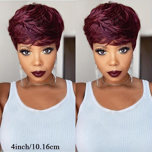 TEMU 1pc Women's Short Cut Wig - 4 Inch Straight Human Hair With Bangs, 180% Density, Cap, , Hair Cosplay Halloween Wig