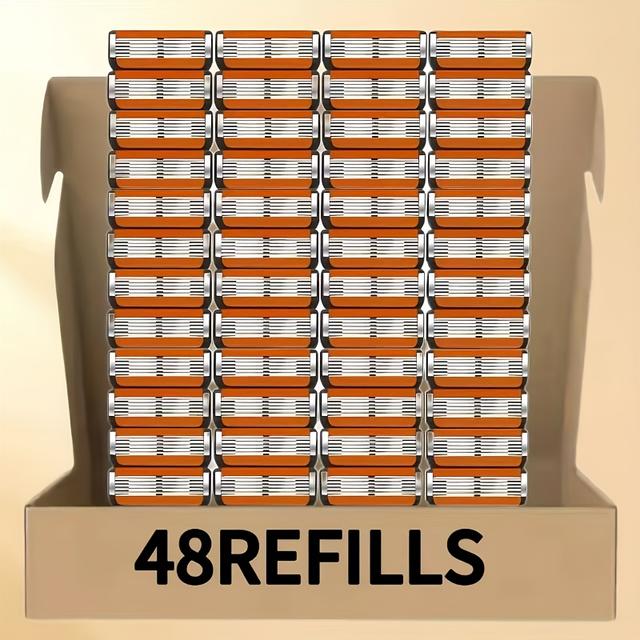 TEMU Razor Manual Shaver Stainless Steel 6-blade Razor With 48 Replacement Heads Men's Shaving Care Tool