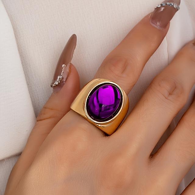 TEMU 1pc/set European And American Old Money Style Inlaid Simulated Gemstone Purple Transparent Acrylic Thick Women's/men's Ring, Suitable For Gifting And Daily Wear