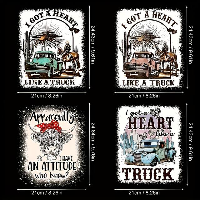 TEMU 4pcs Vintage Cattle Truck Heat Transfer Patches - Vinyl Iron-on Appliques For T-shirts, Sweatshirts & Hoodies