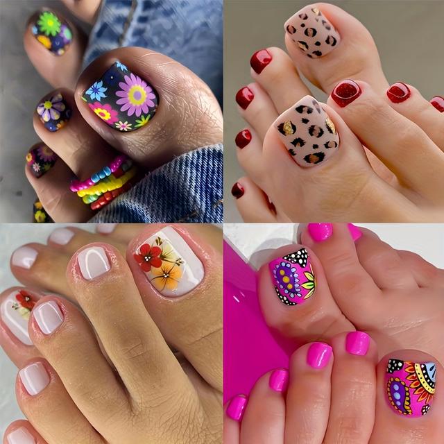TEMU 96 st Tryck-På Tånagel Wraps - Sommarmode Blommiga Pedikyr Nagelstickers med Glansig Ände - Svart & Blandade Färger med Blom- & Växtmotiv - Fyrkantiga Tånaglar - Avtagbart Nagelplåster Set