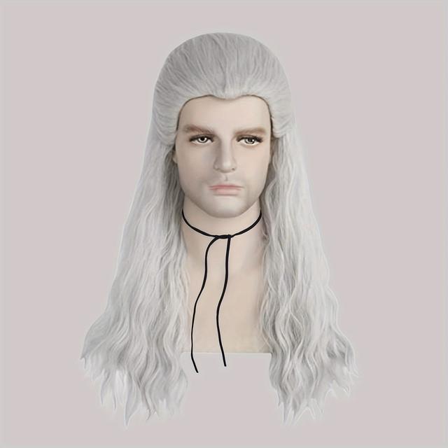 TEMU 26-Zoll Lange Silberne Lockige Anime Cosplay-Perücke mit Pferdeschwanz, Hitzebeständiges Synthetikhaar für Halloween-Partykostüm, Lustige Filmfigur Männliches Alltagskleidung