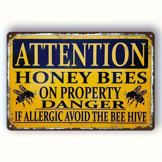 TEMU 1pc Aluminum Honey Bee Warning Sign, 8x12inch, Weatherproof Wall Hanging Decor For Home, Man Cave, Garage, Garden - Pre-drilled, Multipurpose, English Text, Ideal For Outdoor Use