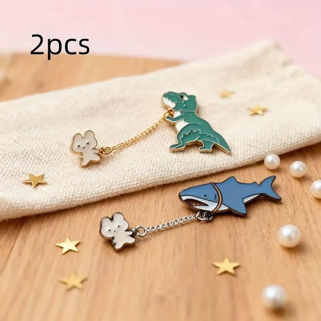 TEMU 2sets Cute Rabbit Shark Dinosaur Brooch, Chain Set Brooch, Fun Animal Lapel Brooch, Used For Clothes, Scarves, Bags, And Jackets, Gifts For