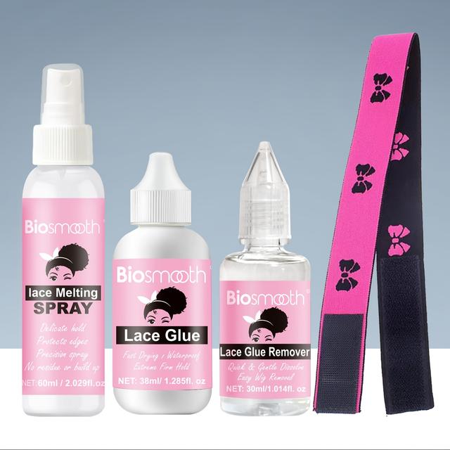 TEMU طقم تركيب الشعر المستعار 4 قطع: بخاخ إذابة الدانتيل، غراء الدانتيل، مزيل غراء الدانتيل، وشريط الدانتيل