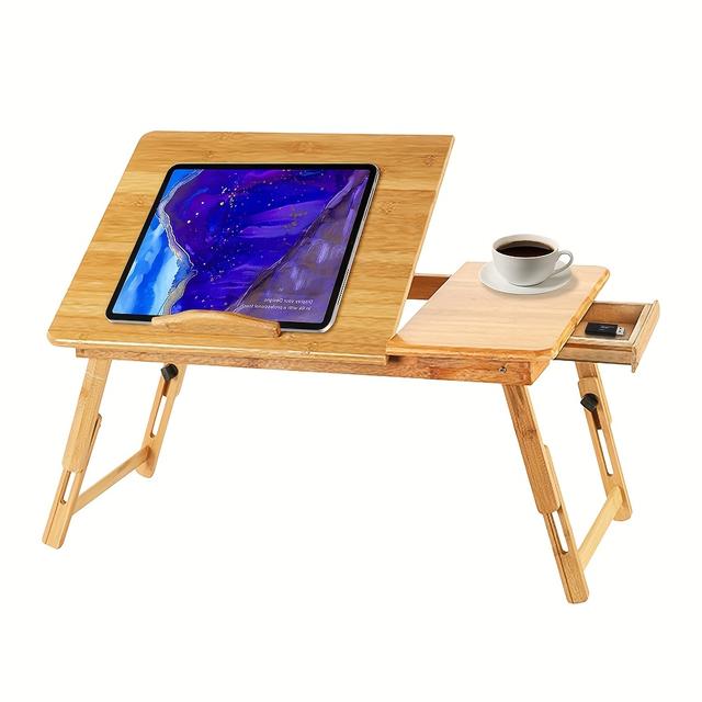 TEMU Multifunctional Study Table With Cooling Vents, Bedside Table, Laptop Desk, Bed Table, Computer Tray, Bamboo Wood Side Table, Foldable And Height Adjustable Top With Drawer, 66*30*35cm, Natural