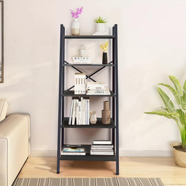 TEMU Ladder Shelf, 5 Tier Ladder Bookshelf With Adjustable Feet, Industrial Style Steel Book Shelf, Storage Rack For Living Room, Bedroom, Kitchen, Apartment, Office
