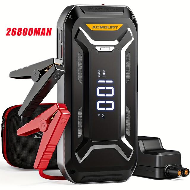 TEMU di ricarica batteria ad capacità da 26800 mAh i motori a benzina e diesel da 10.0L, avviatore di emergenza auto 12V con torcia, LCD e ricarica rapida USB