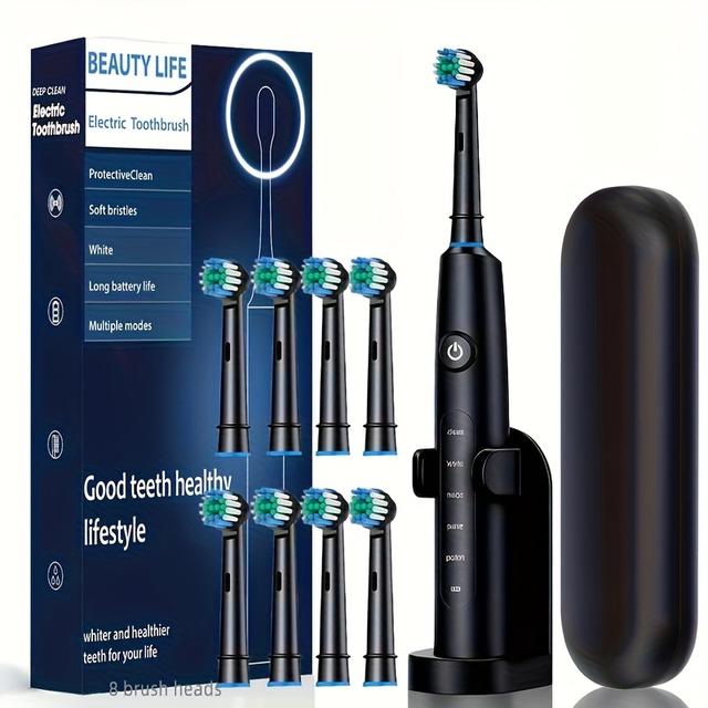 TEMU Adult Rotating Electric Toothbrush Gift Set With 8 Convenient Replacement Brush Heads For Teeth Whitening, Perfect As A Christmas Gift. Includes 1 Main Unit And 1 Travel Case