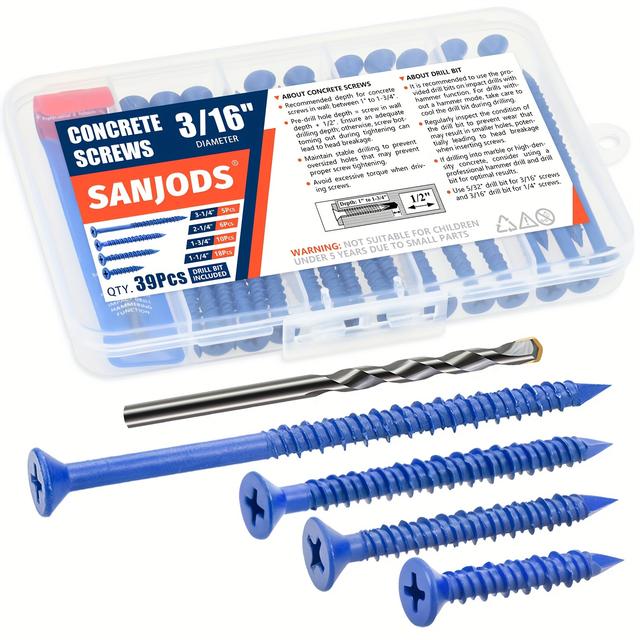 TEMU Sanjods Concrete Screw, Blue Screws For Masonry, Brick, Block, Cement, Stucco - 3/16" X 1-1/4", 3/16" X 1-3/4", 3/16" X 2-1/4", 3/16" X 3-1/4" (pack Of 39)