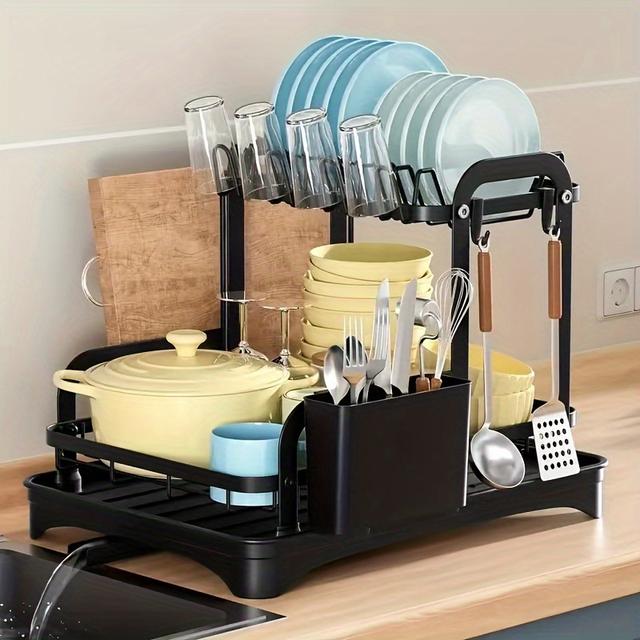 TEMU 1pc Large 2-tier Metal Dish Drying Rack With Set, Freestanding Kitchen Countertop Organizer With Double Bowl Holder, Cup Rack, Cutting Board, Accessories, Standing Shelf