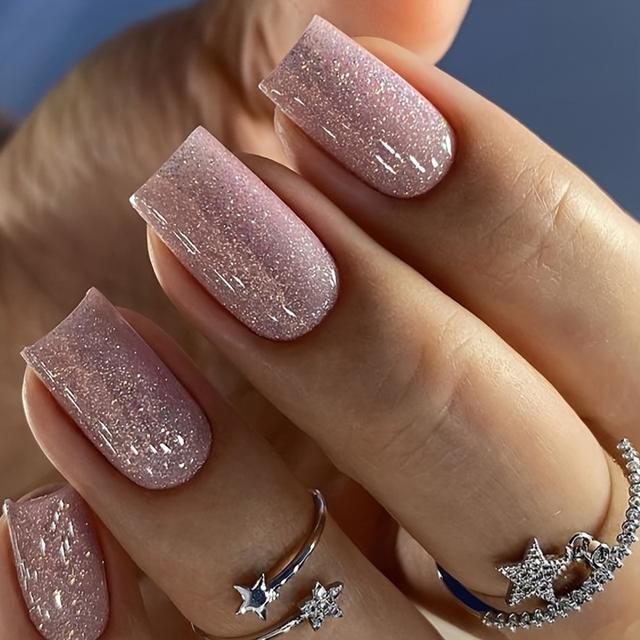 TEMU 24개입/박스 글리터 디자인 중형 사각 프레스온 네일