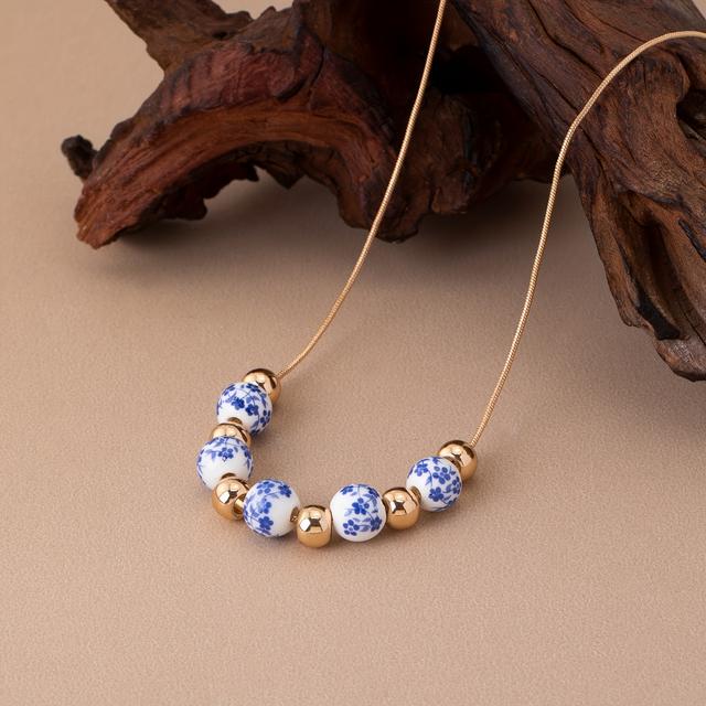 TEMU Női divat, minimalista, kézzel festett, kék-fehér porcelán virág szirom boém stílusú nyaklánc klasszikus kínai stílussal és sokoldalú, kerek gyöngy dizájnnal.