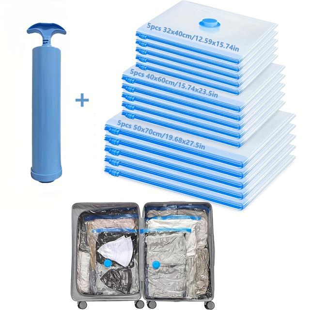 TEMU 10/16 قطعة مجموعة أكياس تخزين فراغ - 5 كبيرة، 5 متوسطة، 5 صغيرة - تشمل مضخة يدوية محمولة. مثالية للفراش، الملابس، السفر والانتقال لتوفير المساحة. مادة سميكة لتنظيم الحقائب
