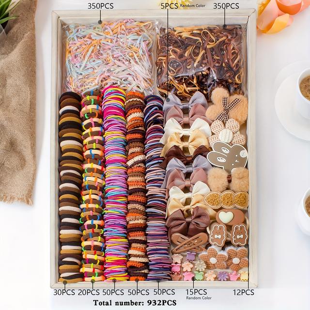 TEMU 932pcs Girls' Multicolor Fashion Hair Accessories Set: Elastic Headbands, Cute Bow Clips, Bunny Barrettes, And 3d Flower Hairpins - Perfect Gift For Stylish Hairstyles