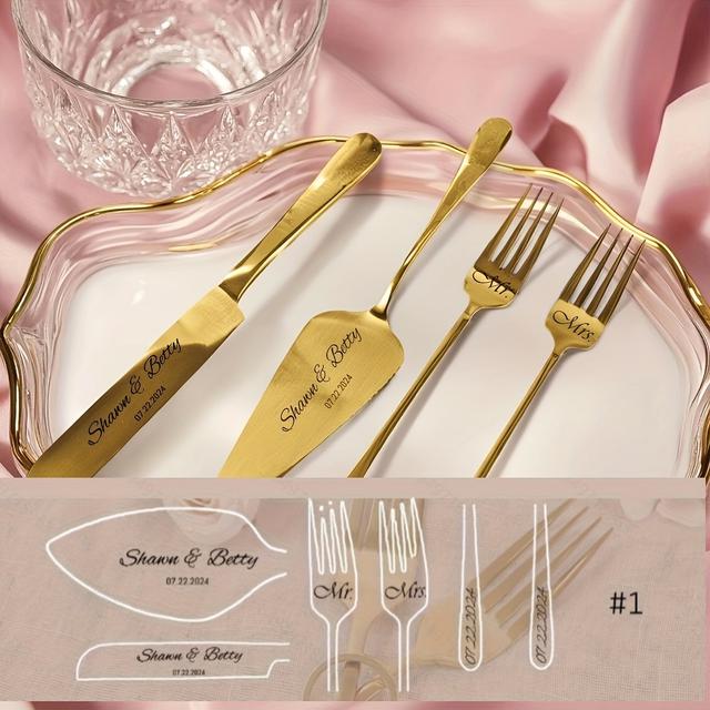 TEMU 4-delige gepersonaliseerde taartscheplepelset voor bruiloft, - en verlovingsserviescadeau voor koppels, gepersonaliseerd Mr. & Mrs. aandenken voor bruid en bruidegom, gouden taartscheplepelset