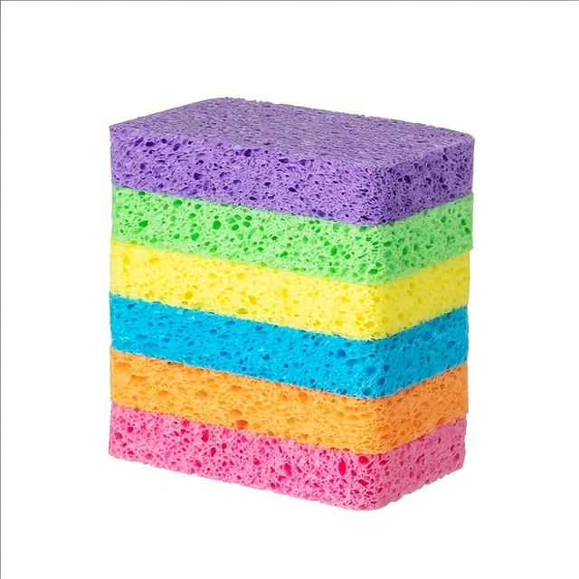 TEMU 6-pack Magic Dish Sponge, Thickened Wood Scrubber, Cleaning Cloth, Oil-resistant Absorbent Kitchen Sponge For Dishes And Pots, No Streaks, Ideal For Home And Bathroom Hygiene