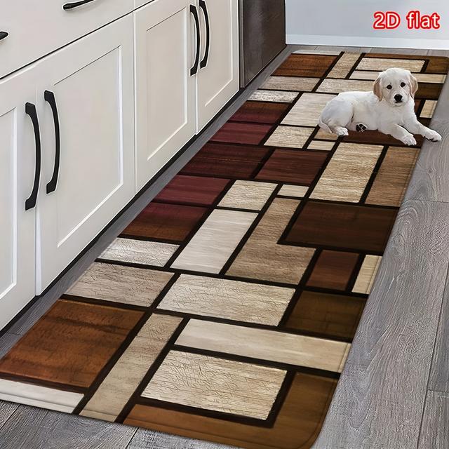 TEMU 1pc 2d Flat Creative Modern Minimalist Dark Brown Geometric Patterned Printed High Anti-slip Kitchen Floor Mat | Polyester, Machine Made, Pattern, Rectangle Shape, 560 G/m²
