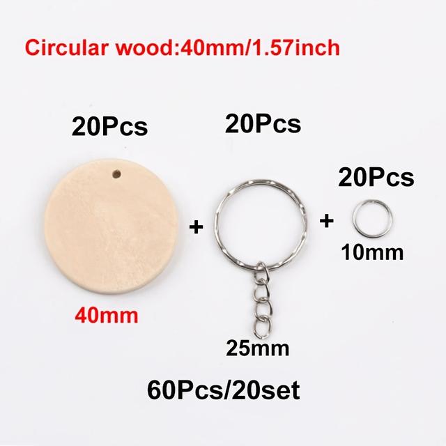 TEMU 60 ks/20 sad 30 mm//40 mm kulaté dřevěné štítky na klíče, klíčenky, ozdoby na klíče, doplňky pro výrobu klíčenek, výroba klíčenek, vánoční dárek