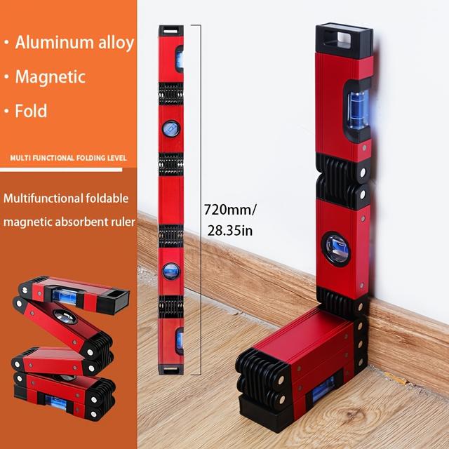 TEMU 1pc Niugui 28'' Multi-functional Folding Level, 5-section Magnetic Aluminum Alloy Tool For Woodworking, Accurate Multi-angle Measurement, Portable For Various Corners And Stairs, Red