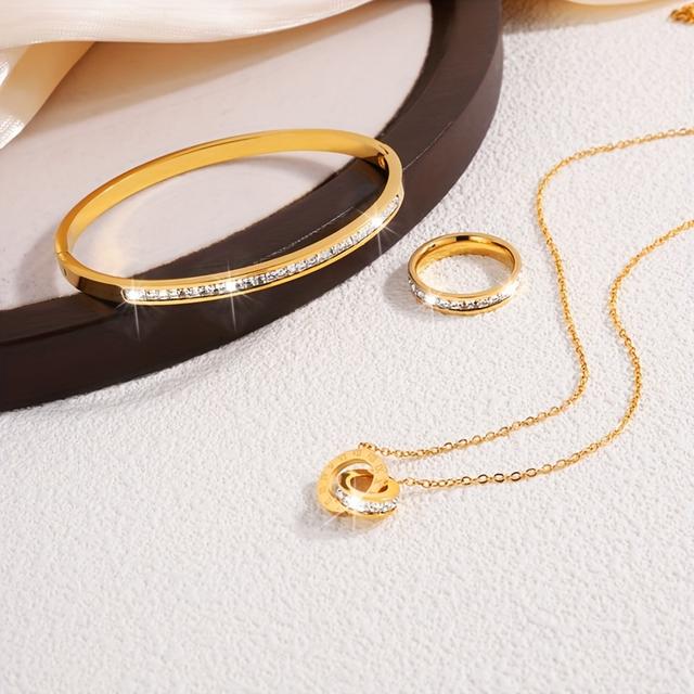 TEMU Conjunto de 3 peças requintado de qualidade em aço inoxidável, com uma única fileira, composto por colar, pulseira e anel, ideal para casais saírem.