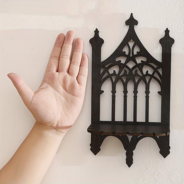 TEMU A Vintage Wooden Gothic-style Wall-mounted Shelf With A Fence Design, Easy And Elegant, Suitable For And Bedroom Decor. Hollow Door And Window Pattern Splicing Perfect For Living Rooms, Cafes