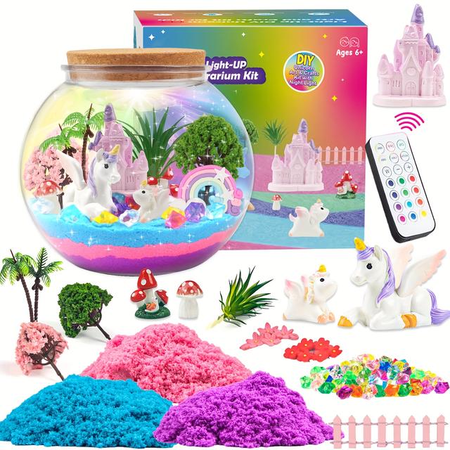 TEMU Unicorn Terrarium Craft Kit With Led Lights - Diy Light-up Garden For Kids 6+ - Fun Classroom Science Project & Gift Idea