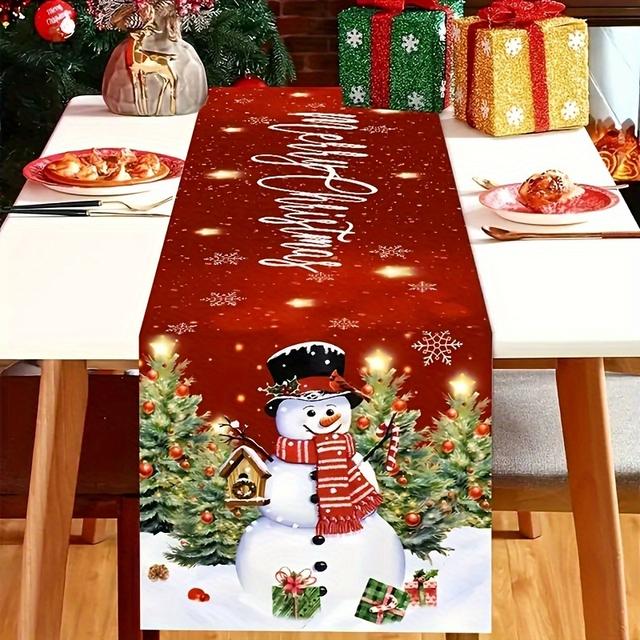 TEMU 1pc Merry Christmas Snowman Table Runner - 100% Polyester Woven Rectangular Table Flag, Holiday Kitchen Tabletop Accessory, Themed Decoration