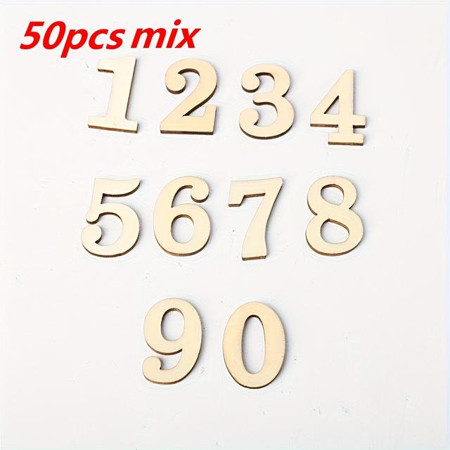 TEMU Sada 50 dřevěných dílků pro tvoření s různými čísly od 0 do 9, vyrobená z nebarevného dřeva, vhodná pro projekty pro dospělé, ideální pro závěsné dekorace na svatební oslavy, večírky a narozeniny