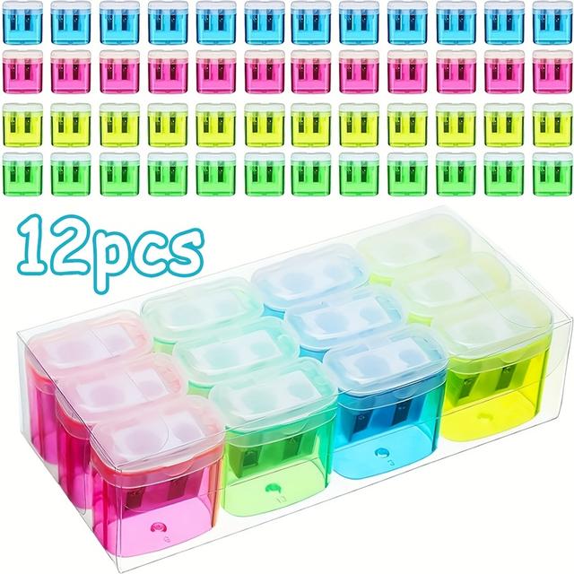 TEMU 12pcs Dual-compartment Pencil Sharpeners With Transparent Lids - Large, Durable Plastic, Options (pink, Green, Blue, Yellow) - Ideal For Office & School Supplies, Pencil Holder For Desk