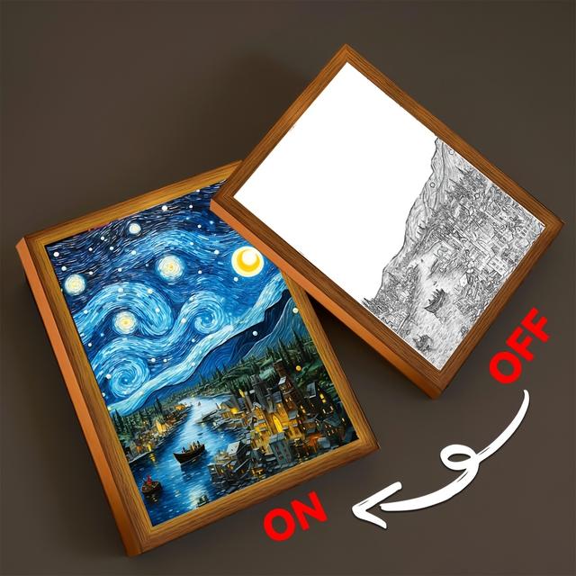 TEMU Led Light Painting Of Van Gogh's Starry Night In A Light Frame, Suitable For Wall Hanging Or Desktop Decoration, Perfect As An Ambient Light For Bedrooms Or Offices