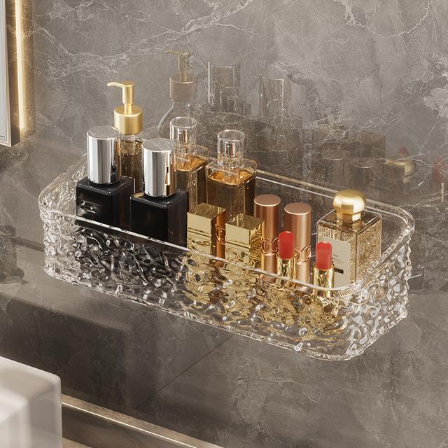 TEMU 1pc Elegant Pattern Wall-mounted Bathroom Storage Rack - Chic Transparent Organizer With Multiple Compartments For Cosmetics & Accessories, No-drill Installation, Modern Marble Bathrooms