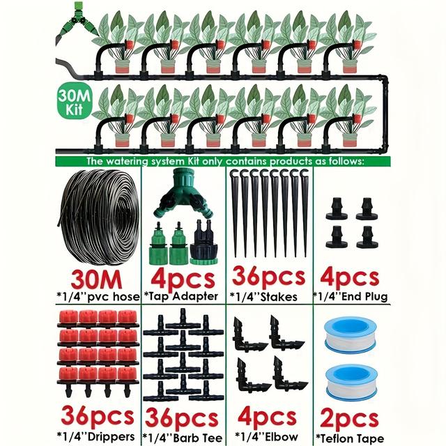 TEMU Kit de Riego por Goteo Automático de 10M-30M para Jardín DIY, de Irrigación Ajustable con Goteo y Manguera de 4/7'' para Invernadero