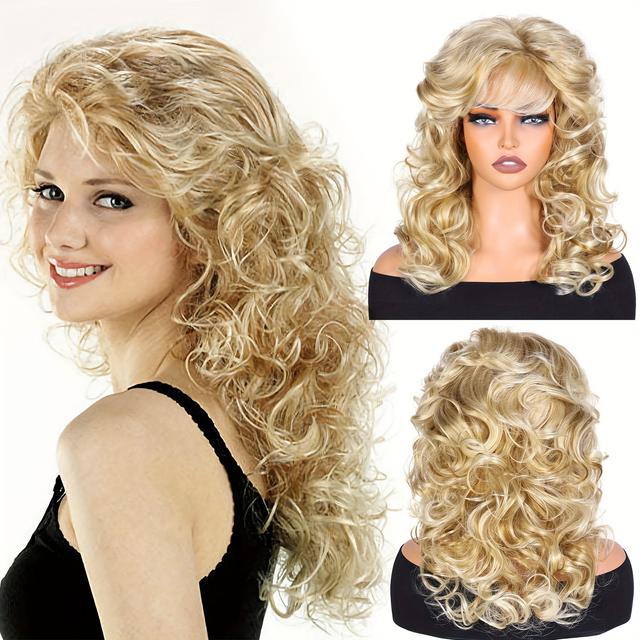 TEMU Women's 20-inch Curly Wavy Blonde Wig With Bangs, Fluffy Synthetic Fiber Hair, 360° Adjustable Model Display, Beautiful, With Woven Wigs For Ladies