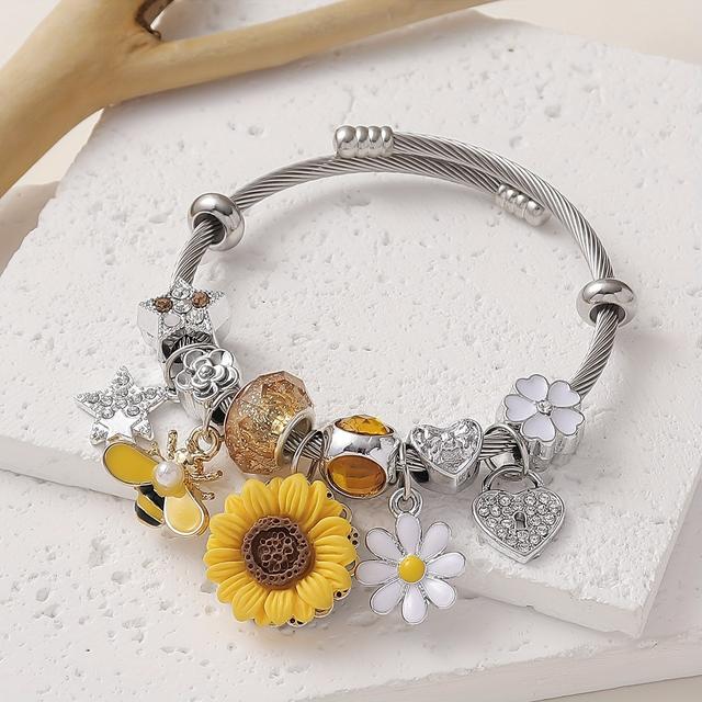 TEMU Elegant Sunflower & Bee Charm Bracelet With Rhinestones - Stainless Steel, Parties, , And Casual Attire