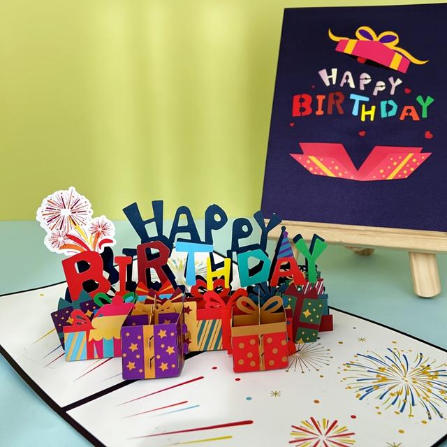 TEMU Pop-up Birthday Card With Envelope, Cartoon Fireworks Design, Laser-cut Greeting For Son/daughter/grandchildren/nephew/niece/her/him/girlfriend/boyfriend//friend/grandparents/parents/ - Swammcard