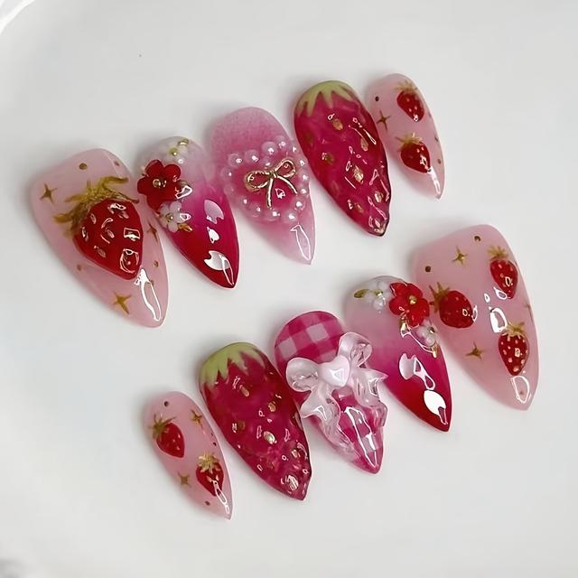TEMU 24pcs Fresh Strawberry Heart 3d False Nails - Almond Shape - Medium Length, Removable Nail Patches, Suitable For Women To Wear Nail Decorations