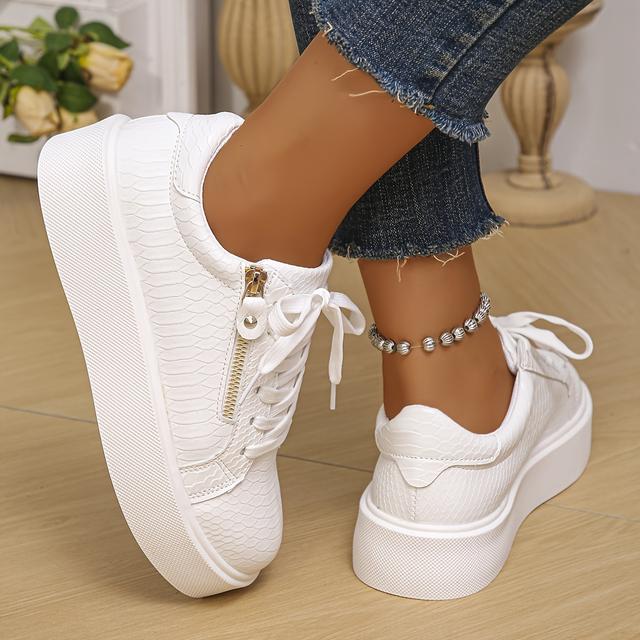 TEMU Sporty Casual Running Flat Shoes With Rhombus Pattern, Side Zipper, Large Size, Lace-up, Thick Sole, European And , Women Shoes, Sneakers